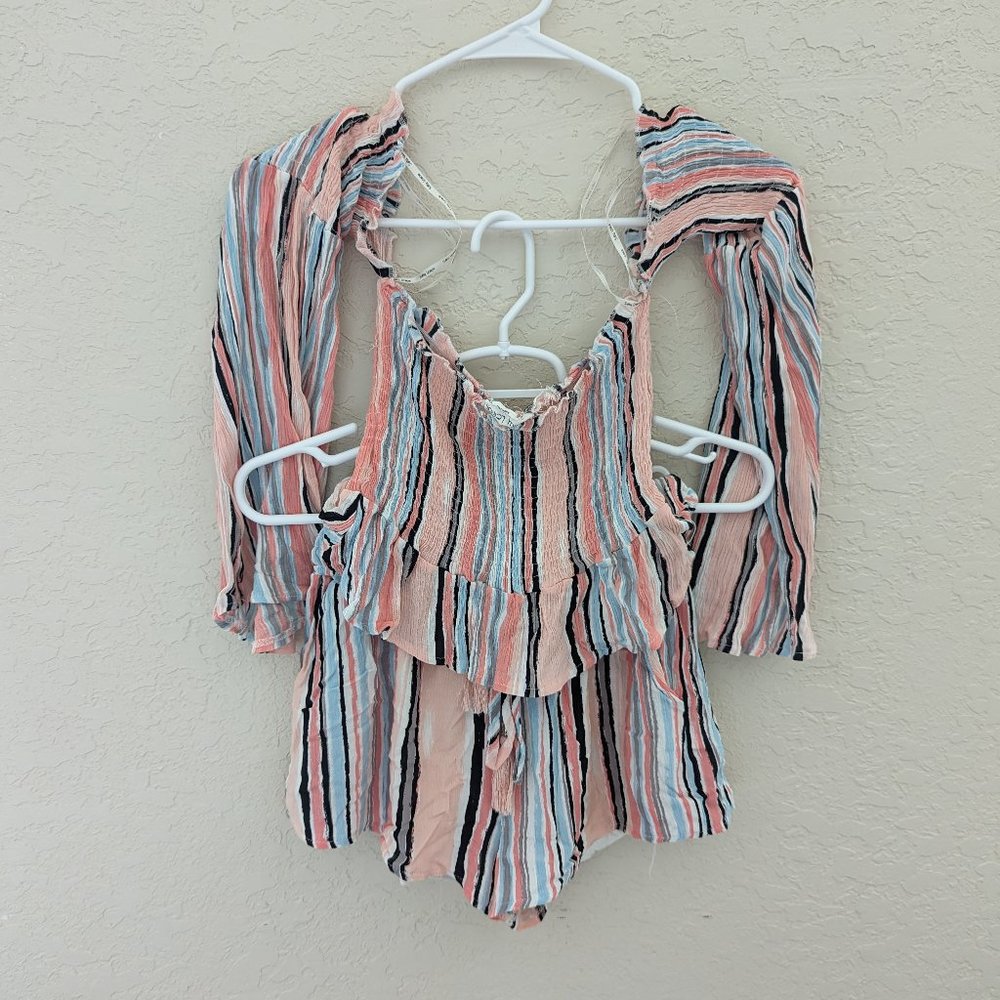 Striped Lightweight Flowy Rouched Top and Drawstring Shorts Set Beach Casual